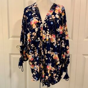 a.n.a. Blue Floral Balloon Tassel Trim Sleeve Rayon Kimono Cardigan